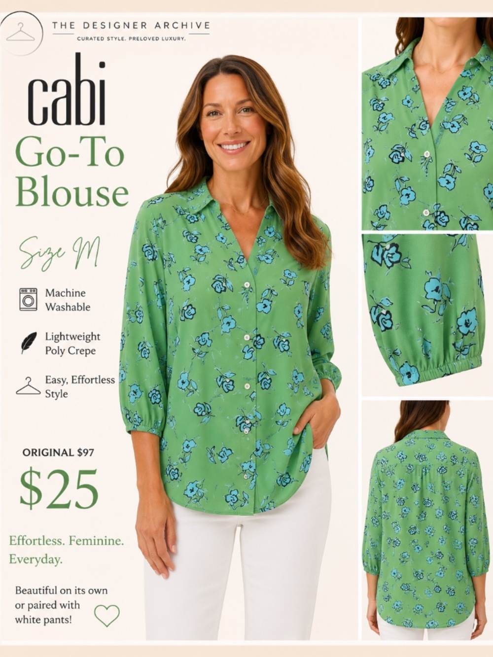 Cabi Go-To Blouse Size M Green Blue Floral 3/4 Sleeve